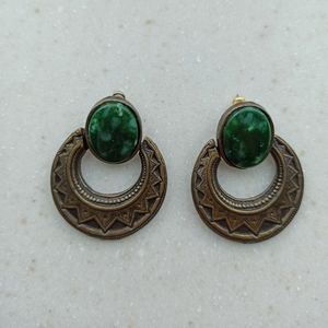 Vintage Door Knocker Metal Earrings Brass Tone With Green & White Specks Stone